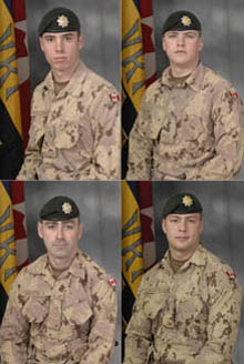 The latest Canadian casualties in Afghanistan include Pte. David Robert Greenslade, top left, Pte. Kevin Vincent Kennedy, top right, Sgt. Donald Lucas, bottom left, and Cpl. Aaron E. Williams, bottom right.